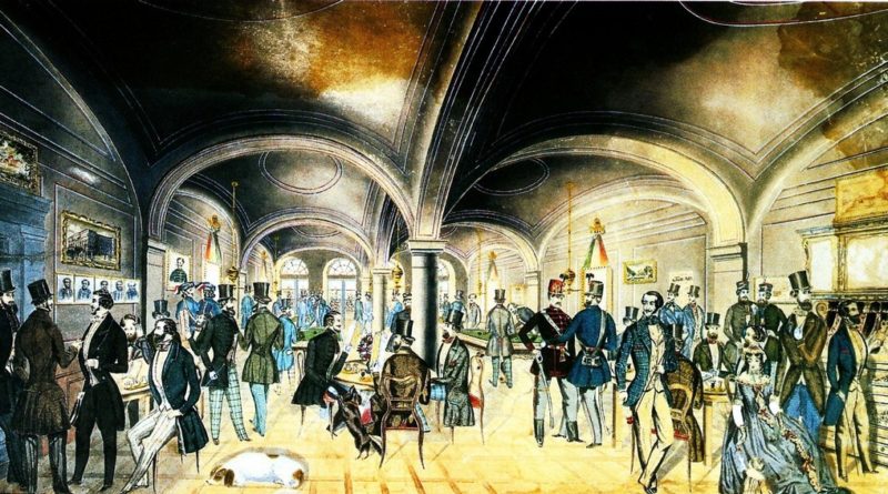 Az 1848-as forradalmi események egyik színhelye, a pesti Pilvax kávéház. Preiszler József színezett tollrajza. Fotó: Wikipédia